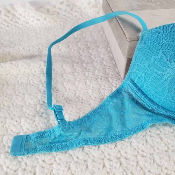 LaSenza REMIX Push Up Plunge Bra: Cyan Blue Lace with Hot Pink Lining - Picture 5 of 8